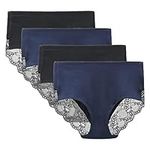 LIQQY Women's 3 or 4 Pack Comfort Cotton Lace Coverage Full Rise Briefs Knickers Underwear (Medium, Black/Navy Blue)