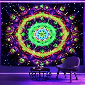 Psyhilar Blacklight Mandala Tapestry for Bedroom, Psychedelic Flower Black Light Posters for Adults and Teens, UV Reactive Aesthetic Bohemian Art Wall Hanging Decor Golden and Green (40 x 30 Inches)