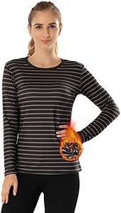 MANCYFIT Womens Thermal Tops Fleece Lined Shirt Long Sleeve Base Layer Striped Shirt Black X-Large
