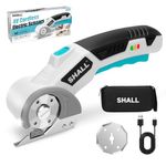 SHALL 4V Cordless Electric Scissors with Safety Lock, LED Light & Replacement Blade – Rechargeable Rotary Cutter for Fabric, Leather, Carpet, Cardboard and Plastic - White & Blue