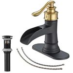 BATHLAVISH Black and Gold Bathroom Faucet Waterfall Sink Single Hole with Pop Up Drain with Overflow Single Handle Vanity Lavatory Farmhouse Tap Deck Mounted