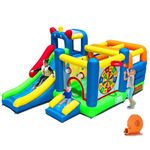 HuaKastro Bouncy Castle - Inflatable Playground with Crossbar Obstacle on Large Bouncy Area, 1x Tall & 1x Small Slide, Giant Dart Board, Climbing Wall - for Indoor Outdoor Kids Party Family Gatherings
