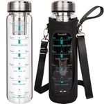 DEARRAY 1l / 1000ml Glass Water Bottle with Time Markings, 1 Liter Tea Drinking Bottle with Stainless Steel Infuser Loose Leaf Tea, Cold Brew Coffee