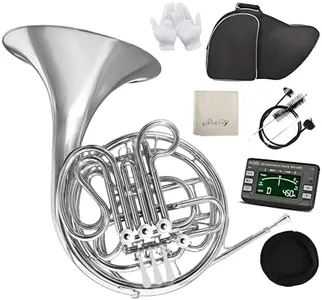 Double French Horn F/Bb 4 Keys Nickel plated＆Gold Craft Lacquer Brass French Horn With French Horn Case, Mouthpiece, Gloves, Cleaning Cloth and Brush (Sliver)…