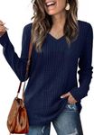 Saloogoe Womens Sweaters for Fall and Winter V Neck Shirts Long Sleeve Work Tops Vintage Women Clothing Navy XXL