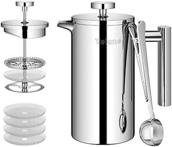 Velaze - Cafetera de émbolo (acero inoxidable, 350 ml, para 2 tazas, doble pared, cafetera, con 5 flitros y cuchara-S