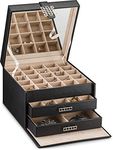 Glenor Co Earring Organizer Holder - 50 Small & 4 Large Slots Classic Jewelry Box with Drawer & Modern Closure, Mirror, 3 Trays Earrings, Ring or Chain Storage - PU Leather Case - Black