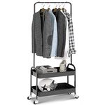 KINGRACK 2-in 1 Garment Rack, Clothing Rack with 2 Tier Metal Basket, Rolling Storage Cart Clothes Organizer Coat Rack Storage Stand on Wheels, for Home Bedroom Laundry Small Place Entryway, Black