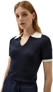 LilySilk Women's Silk Short Sleeve Polo Timeless Mei Silk Knit T Shirt Polo, Navy Blue, S