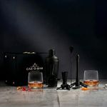Car-O-Bar Bar Set with Glasses Gift Set | 12 Pieces Black Bartender Kit:Cocktail Shaker, Bar Spoon, Jigger, Muddler, Strainer, Wine & Beer Bottle Opener, 2 Pour Spouts, Tong, Set of 2 Whiskey Glasses