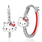 Sanrio Hello Kitty Womens Hoop Earrings - Cubic Zirconia and Enamel Plated Hello Kitty Earrings Officially Licensed, Brass, Cubic Zirconia