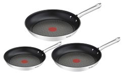 Tefal A704S3 Duetto 3-Piece Frying Pan Set | 20, 24 and 28 cm | Non-Stick Coating | Built-in Temperature Indicator | Suitable for All Hob Types Including Induction | Stainless Steel/Black