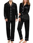 SWOMOG Couples Matching Pajamas Sets Silk Satin Long Sleeve Pj Set Soft Button Down Sleepwear 2 Pcs Loungewear Women Black Large