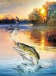 5D Fishing Diamond Painting Kits For Adults Full Drill DIY Cross Stitch Fisherman Fishing On The Lake Diamond Art Painting Kits 12X16Inch