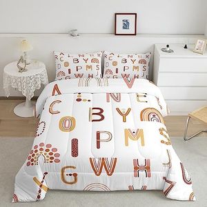 Boho English Alphabet Bedding Set For Kids Toddler Twin Cartoon Letters Abc Comforter Set For Boys Girls Bohemian Rainbow Bedding Comforter Sets Hand Drawn Colorful Quilt Duvet Insert Terracotta