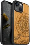 Carveit Mobile Phone Case for iPhone 14 Wooden Cover Compatible with MagSafe Solid Wood for Apple 14 Shockproof Bumper Soft TPU Case (Cherry Wood Compass from Kanagawa Waves)