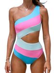 CUPSHE Women's One Piece Swimsuit One Shoulder Swimming Costume Cutout Color Block Swimwear Monokini Bathing Suit Pink/Blue M