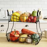 UMDONX 2 Tier Countertop Fruit Basket Holder, Fruit Basket with Substitute Wood Handle, Kitchen Countertop Wire Storage Basket Fruit Holder for Bread, Snacks, Vegetables, Drinks (Black)