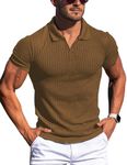 Gnvviwl Men's Muscle V Neck Polo Shirts Slim Fit Short Long Sleeve Cotton Golf T-Shirts Ribbed Knit Soft Tees, Coffee, S