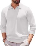 COOFANDY Mens Knit Polo Shirts Long Sleeve Polo Collared Sweaters Classic 3 Button Pullover White