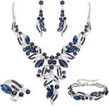 Ever Faith Costume Party Jewelry Art Deco Marquise Crystal Y-shaped Necklace Dangle Earrings Bracelet Cuff Ring Set for Prom Blue Silver-Tone