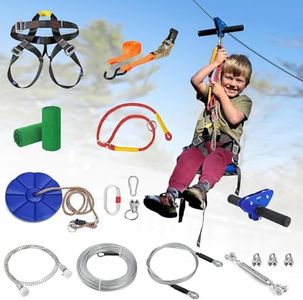 CTSC Zip Line Kits for Garden, 32m Zip Wire Kit For Kids and Adults, With Stainless Steel Spring Brake, Tensioning Kit, Safety Harness, Tree Protectors (32m blue)
