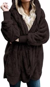 Zilcremo Women Hooded Cardigan Fuzzy Jacket Winter Open Front Fleece Coat Outwear with Pockets Coffee S