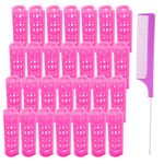 MOODKEY 28PCS Plastic Hair Rollers Set 1.5cm/0.6in Heatless Hair Rollers Hair Curlers Snap on Rollers Self Grip Rollers Hairdressing Curlers Tools for DIY Hairdressing Hair Salon(pink)