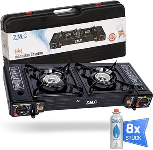 ZMC Réchaud à gaz de camping à 2 feux avec adaptateur pour raccordement GPL + 8 cartouches de gaz de 227 g, réchaud de camping avec allumage piézoélectrique pour l'extérieur et l'intérieur