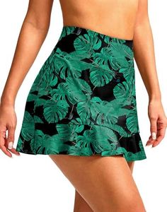 Soothfeel Women's Swim Skirt with Pocket High Waisted Ruffle Tummy Control Tankini Swimsuit Bathing Suit Bottoms (Leaf,M)