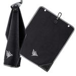 SWIFTEE Ultimate 4-in-1 Premium Golf Towel with Built-in Brush, Magnet, Ball Marker & Carabiner - 760GSM Microfibre Waffle Towel with Inner Wet Dry Liner (Black)