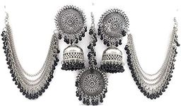 Shining Diva Fashion Latest Oxidised Silver Antique Design Stylish Traditional Maang Tikka Jhumka Earrings Jewellery Set for Girls (Black) (12002s)