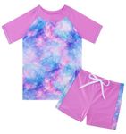 Fanient Swimming Costume for Girls Kids Two Pieces Swimsuit Galaxy Swimwear Short Sleeve Bathing Suit Surfing Swimming Age 7-8 Years