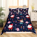 Santa Claus Bedding Set Queen for Boys Girls Kids Christmas Duvet Cover 3 Piece Christmas Themed Comforter Cover Christmas Elk Decor Bedspread Cover Happy New Year Winter Themed Bedding Blue