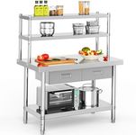 YITAHOME 48" × 24" Stainless Steel Table with Overshelves and 2 Drawers, NSF Work Table with 48" X 12" Shelf & 3 Drawers, Metal Table Prep Table