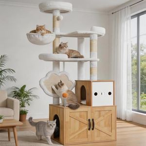 Heybly Cat Tree with Litter Box Enclosure, Modern 162cm Hidden Cat Tower for Indoor Cats, All-in-One Solid Wood Cat Condo with Paw-Shaped Board, Multi-Level Perch & Playzone, Walnut HCT105WB