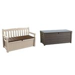 Keter Eden Bench 265L Outdoor Garden Storage Box Garden Furniture - Beige and Brown & Brightwood 454L Outdoor Garden Storage Box Garden Furniture - Brown