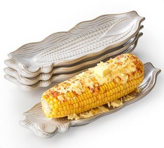 YHOJOY Corn Dishes for Corn on the Cob, Ceramic Corn Cob Holders and Trays, Set of 4, Cream White