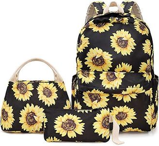 Sunflower Backpack Set 3-in-1 Kids School Bag, Junlion Laptop Backpack Lunch Bag Pencil Case for Teen Girls Womens Black