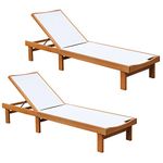 Tangkula Outdoor Wood Chaise Lounge Chair, Patio Chaise Lounger with 5-Postion Adjustable Back, Eucalyptus Wood Reclining Lounge Chair with Breathable Fabric for Poolside Lawn Backyard (2, White)