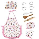 Cooking and Baking Sets for Kids - 11 Pcs Kids Aprons for Girls Toddler Chef Hat Apron Dress Up Chef Costume, Little Girl Apron Sets Pretend Gifts for 2 3 4 5 6 7 8 Years Old Girls (Cake pattern)