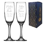 Personalised Engraved Wedding Champagne Set of Two, Mother and Father of The Bride or Groom, Any Date and Message, 7.5oz/221ml Imperial Flute, Handwritten Font