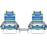 S AFSTAR Folding Beach Chair Set, 2 Pack Folding Chair and Aluminum Small Table, 5-Position Adjustable Camping Chairs with Ice Bag, Comfort Pillow, 3 PCS Backpack Recline Beach Chairs (Blue+Green)