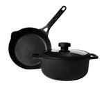 Meyer Pre- Seasoned Cast Iron 3 Piece Cookware Set - 24cm Frying pan + 24cm Dutch Oven with Interchangeable Lid | Iron Cookware Set Combo Offer | Cast Iron Induction Cookware for Kitchen, Black