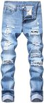 Men's Ripped Distressed Destroyed Slim Fit Straight Leg Denim Jeans - Blue - 28