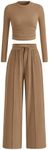 PRETTYGARDEN Women's 2 Piece Loungewear Long Sleeve Crop Top Wide Leg Palazzo Pants Set Tracksuits Casual Outfit (Camel,Large)