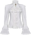 Victorian Blouse Womens Gothic Lolita Shirt Vintage Long Sleeve Lotus Ruffle Tops, White, XL