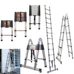 3.8M Telescopic Ladder Multi-Purpose A-Frame Ladder Folding Extendable Steel Ladder Portable Heavy Duty Ladder with Stabilizer Bar 12 Steps, 150kg Capacity