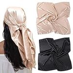 Silk Head Scarf Square Scarves - 35 Inches Satin Square Scarf for Hair Silk Bandana for Women Sleeping Head Wrap Pack of 2 (Solid Color(Black/Camel))