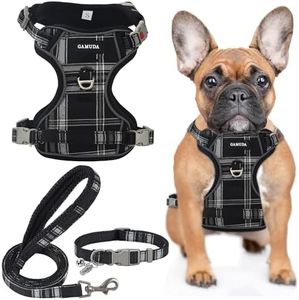 GAMUDA Dog Harness Collar and Leash Set, Horse Care Sheets, No Chock No Pull Adjustable Vest Harnesses Plaid Reflective for Medium Dog, Cat, Small Horse, Small Bull and Pig (Black, M)